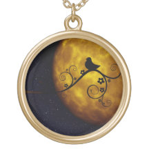 Bird on a Vine Silhouette with Moon and Starry Sky Personalized Necklace