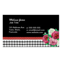 Black Gingham and flowers Business Card Template
