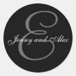 Black Grey Monogram E Bride Groom Names Wedding Round Stickers