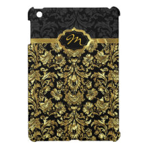 Black & Metallic Gold Floral Damasks Monogram Case For The iPad Mini