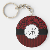 Black on Red Floral Wisps & Stripes with Monogram Key Chain