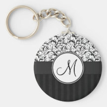 Black on White Floral Wisps, Stripes & Monogram Keychain