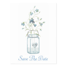 Blaue Bell in einem Maurer-Glas, das Save the Date Postkarte