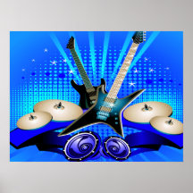 Blaue elektrische Gitarren, Trommeln u. Lautsprech Plakatdrucke