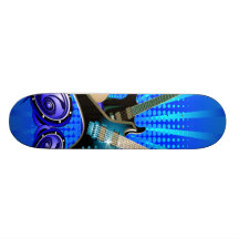 Blaue elektrische Gitarren, Trommeln u. Lautsprech Skateboarddecks