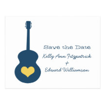 Blaue/gelbe Gitarren-Herz-Save the Date Postkarte