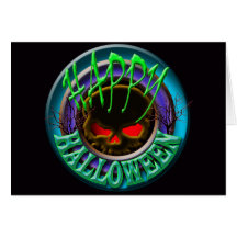 Blaue Karte glücklichen Halloween-Schädels (fertig
