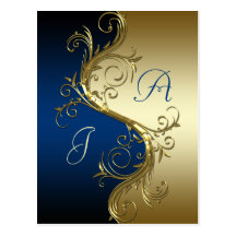 Blaues Schwarz-Goldverzierter Wirbel Save the Date Postkarten