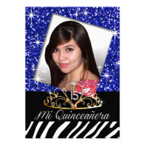 Bling Tiara Zebra Quinceañera 15th Birthday | blue einladungen