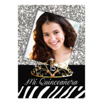 Bling Tiara Zebra Quinceañera 15th Birthday silver einladungen
