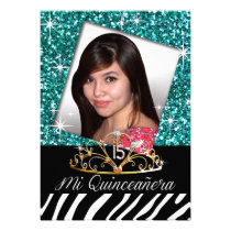Bling Tiara Zebra Quinceañera 15th Birthday | teal einladungen