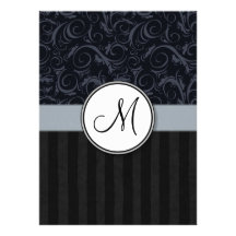 Blue and Black Floral Wisps, Stripes with Monogram Personalized Invite