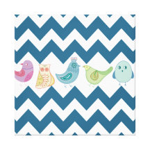 Blue Chevron Stripes Whimsical Cute Birds Owls Gallery Wrapped Canvas