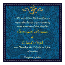 Blue damask brocade Indian wedding Personalised Announcement