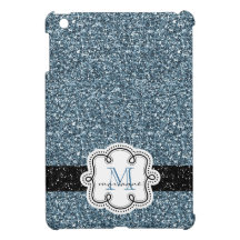 Blue Faux Glitter with Girly Monogram and Name iPad Mini Cover