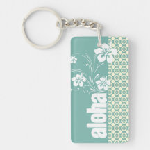 Blue-Green & Cream Floral; Aloha Acrylic Keychain