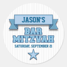 Blue Pinstripe Sport Tackle Twill Bar Mitzvah RSVP Round Sticker
