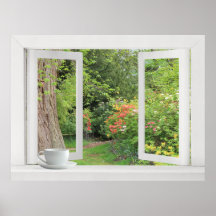 Blumen-Garten - offenes Fenster mit hübscher Ansic Plakatdrucke