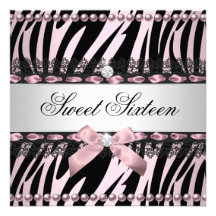 Bonbon 16 sechzehn Zebra-weiße rosa schwarze Spitz Einladungen