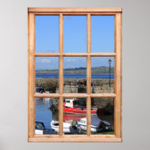 Boote in der Hafen-Ansicht von einem Fenster Posterdrucke