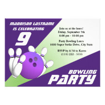Bowlings-Party-Geburtstag lila und grün Individuelle Einladungskarte