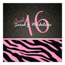 Bubblegum rosa u. schwarzer Zebra Stripes 16. Gebu Personalisierte Ankündigungskarte