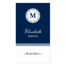 Buch-Herausgeber-blaues weißes Spitze-Monogramm Visitenkartenvorlagen