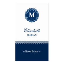 Buch-Herausgeber - elegantes blaues Spitze-Monogra Visitenkartenvorlage