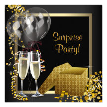 Champagneconfetti-Schwarz-Goldüberraschungs-Party Personalisierte Einladungskarten