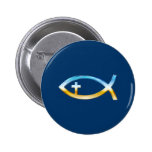 Christliches Fisch-Symbol mit Kruzifix - Himmel u. Anstecknadelbutton
