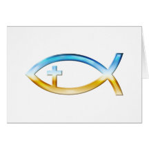 Christliches Fisch-Symbol mit Kruzifix - Himmel u. Grußkarte