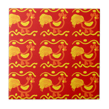 Colorful Red Yellow Orange Rooster Chicken Design Tiles