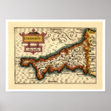 "Cornwaile" Cornwall Landkreis-Karte, England Plakat