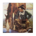 Cowboy, der sein Pferd durch NC Wyeth, Vintage Kun Fliesen