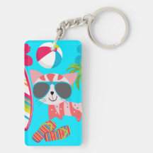 Cute Beach Bum Kitty Cat Sunglasses Beach Ball Acrylic Keychains