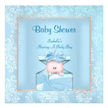 Damast-Jungen-Babyparty-blaues weißes Blumen Personalisierte Ankündigungskarten