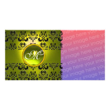 DAMAST-MONOGRAMMschwarz-Gelb Topaz Individuelle Photo Karten