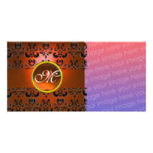 DAMAST-MONOGRAMMschwarz-Orange Topaz Bilderkarte