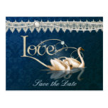 Damast-Schwan-Eleganz-Blau - Save the Date Postkarte