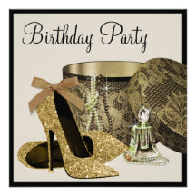 Der Geburtstag der Perlen-Absatz-Schuh-Schwarz-Gol Einladungskarten