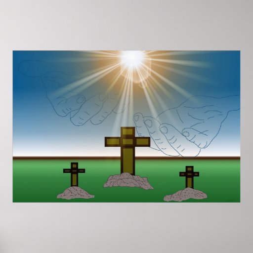 Der Hand des Gottes über dem Kreuz von Christus Posterdrucke