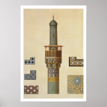 Ein Minarett und Keramik-Details von der Moschee v Poster