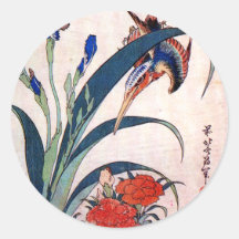 Eisvogel mit Iris und wilden Rosa, Hokusai Runder Sticker