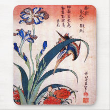 Eisvogel mit Iris und wilden Rosa, Hokusai Mousepad