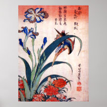 Eisvogel mit Iris und wilden Rosa, Hokusai Posterdruck