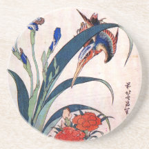 Eisvogel mit Iris und wilden Rosa, Hokusai Untersatz