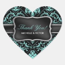 Elegant Aqua Blue and Black Damask Thank You Sticker