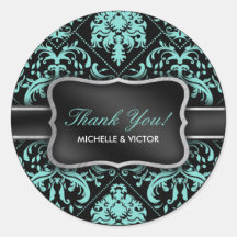 Elegant Aqua Blue and Black Damask Thank You Sticker