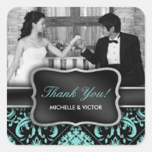 Elegant Aqua Blue and Black Damask Thank You Photo Square Stickers