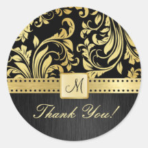 Elegant Black and Gold Foloral Damask Thank You! Stickers
